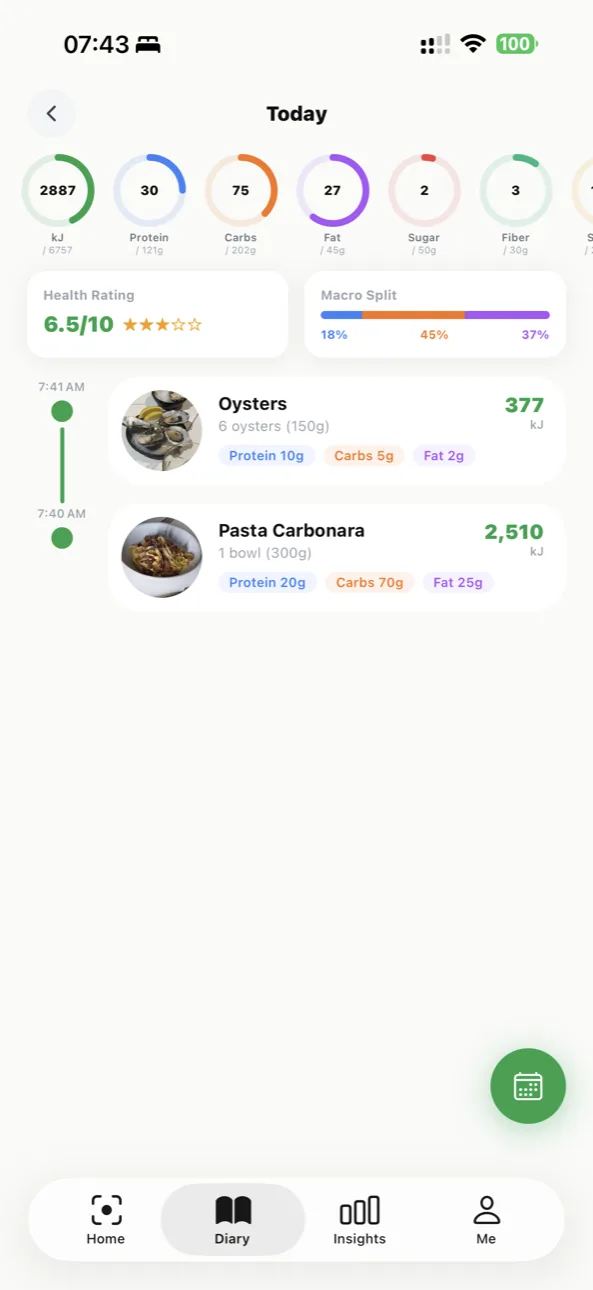 Kalcam screenshot: Food Diary